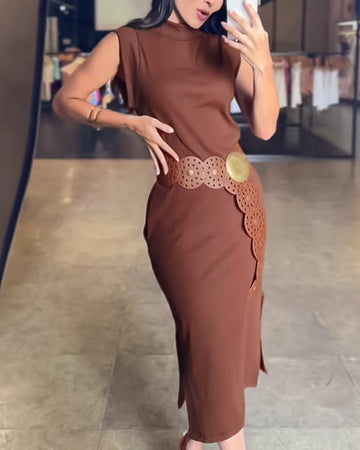 High Neck Sleeveless Side Slit Dress With Pocket(With Belt)